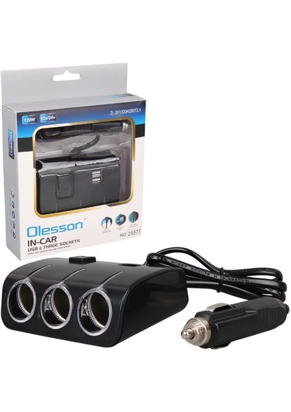 1506 12-24V Çift USB Girişli 120W 80 cm Kablolu 3'lü Araç Çakmak Çoklayıcı