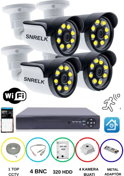 Snrelk Hama Güvenlik Kamerası 4'lü 5mp Lens Warm Ledli Gece Renkli Ahd 320 GB Su Geçirmez