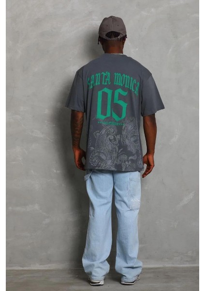 Unisex Oversize Baskılı Bisiklet Yaka T-Shirt - Füme modelleri