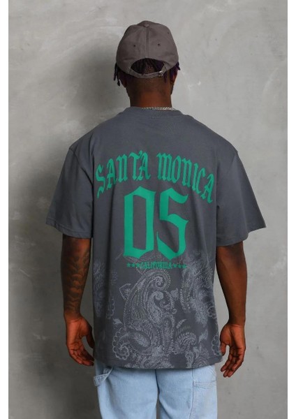 Unisex Oversize Baskılı Bisiklet Yaka T-Shirt - Füme indirimleri