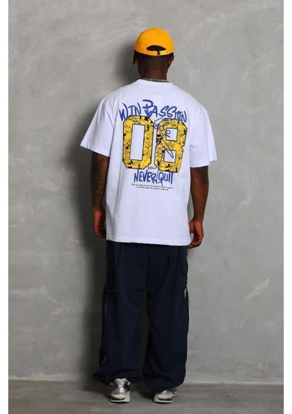 Unisex Oversize Baskılı Bisiklet Yaka T-Shirt - Beyaz fiyatları