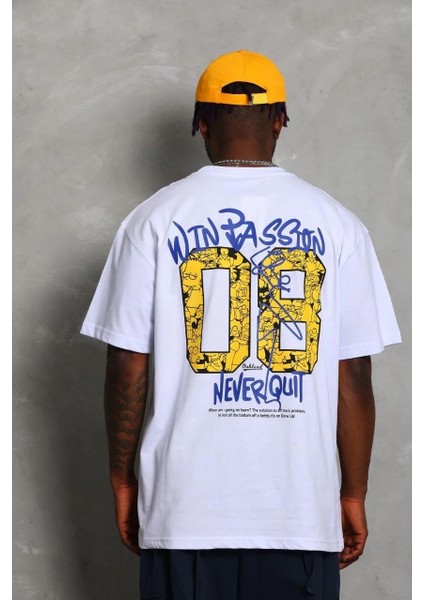 Unisex Oversize Baskılı Bisiklet Yaka T-Shirt - Beyaz fırsatları