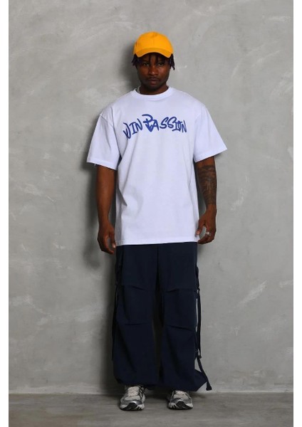 Unisex Oversize Baskılı Bisiklet Yaka T-Shirt - Beyaz indirimleri