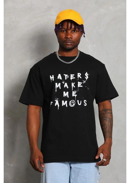 Unisex Oversize Baskılı Bisiklet Yaka T-Shirt - Siyah fiyatları