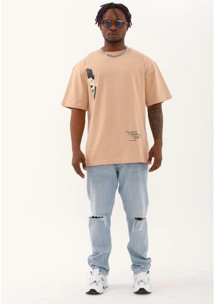 Unisex Oversize Baskılı Bisiklet Yaka T-Shirt - Bej fırsatları