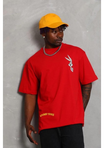 Unisex Oversize Baskılı Bisiklet Yaka T-Shirt - Kırmızı