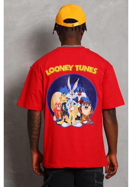 Unisex Oversize Baskılı Bisiklet Yaka T-Shirt - Kırmızı indirimleri