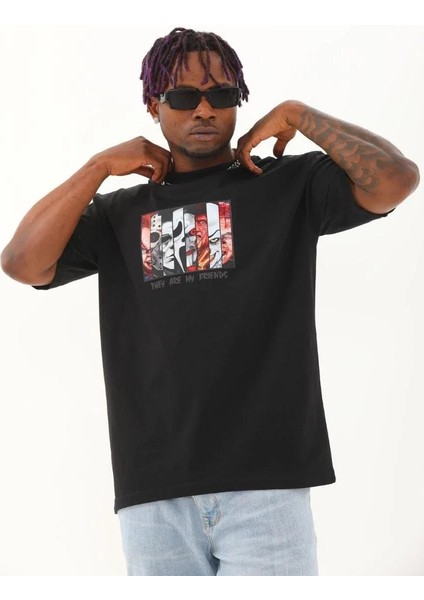 Unisex Oversize Baskılı Bisiklet Yaka T-Shirt - Siyah fiyatları