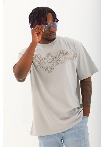 Unisex Oversize Taşlı Bisiklet Yaka T-Shirt - Gri