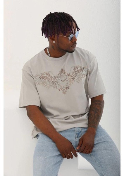 Unisex Oversize Taşlı Bisiklet Yaka T-Shirt - Gri modelleri