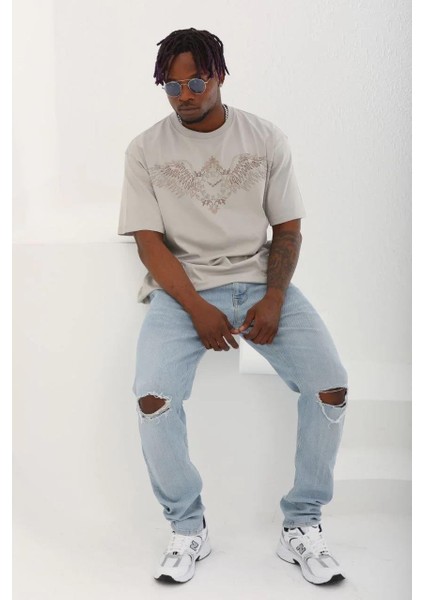 Unisex Oversize Taşlı Bisiklet Yaka T-Shirt - Gri fırsatları