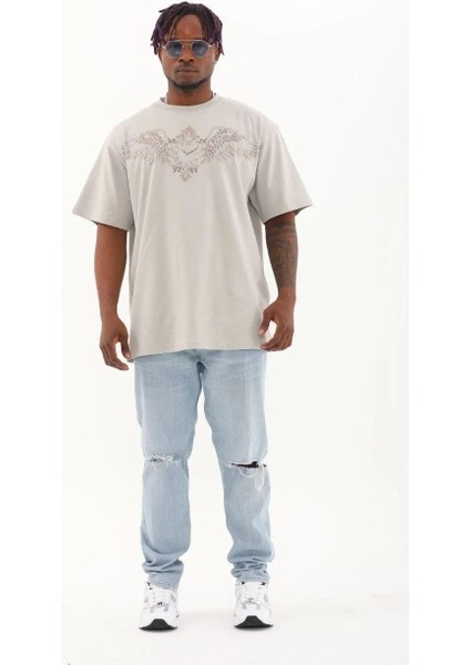 Unisex Oversize Taşlı Bisiklet Yaka T-Shirt - Gri indirimleri