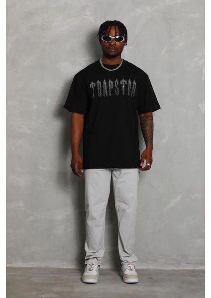 Unisex Oversize Taşlı Bisiklet Yaka T-Shirt - Siyah fırsatları