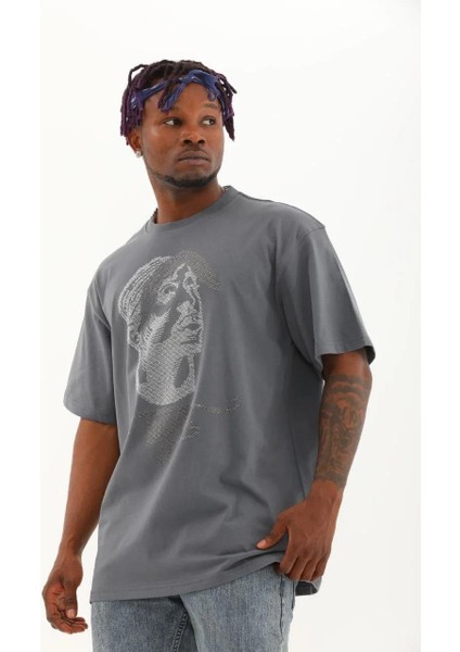 Unisex Oversize Taşlı Bisiklet Yaka T-Shirt - Füme modelleri