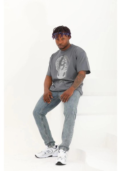 Unisex Oversize Taşlı Bisiklet Yaka T-Shirt - Füme fırsatları