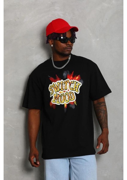 Unisex Oversize Baskılı Bisiklet Yaka T-Shirt - Siyah