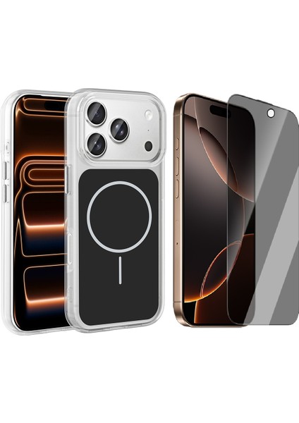 iPhone 17 Pro Max Kılıf M-Safe Şarj Özellikli Metal Buton Tasarımlı Zore İkonik Sert Silikon Kapak + Hayalet Ekran Koruyucu