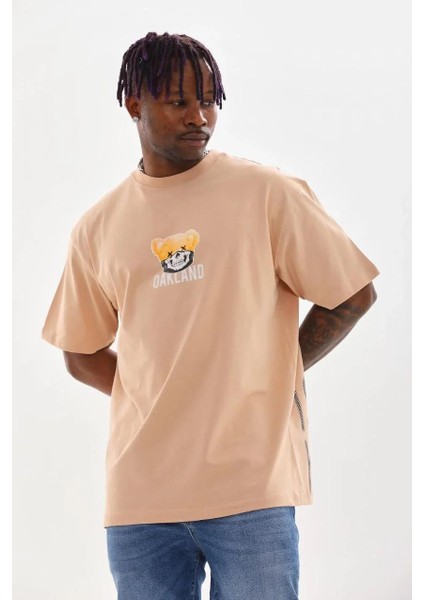 Unisex Baskılı Oversize T-Shirt - Bej