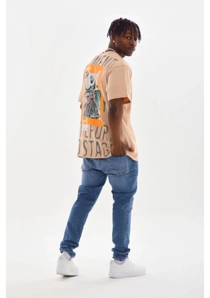Unisex Baskılı Oversize T-Shirt - Bej indirimleri