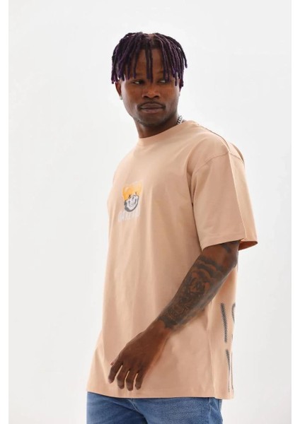 Unisex Baskılı Oversize T-Shirt - Bej