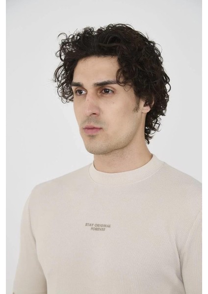 Unisex Bisiklet Yaka Slim Fit T-Shirt- Bej indirimleri