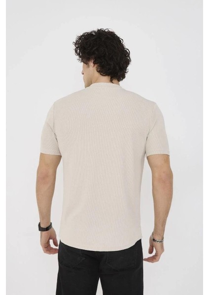 Unisex Bisiklet Yaka Slim Fit T-Shirt- Bej