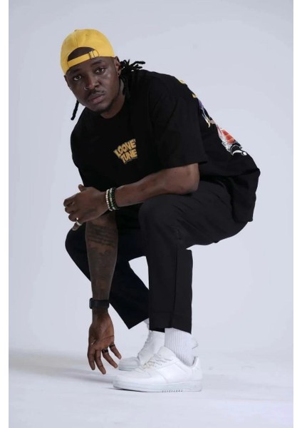 Unisex Bisiklet Yaka Baskılı Oversize T-Shirt - Siyah fiyatları