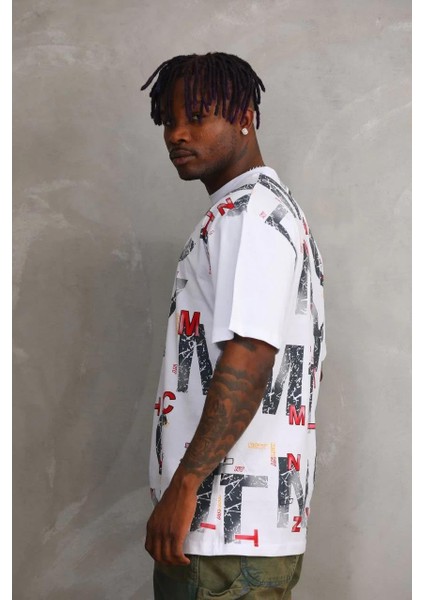 Unisex Baskılı Oversize T-Shirt - Beyaz fırsatları