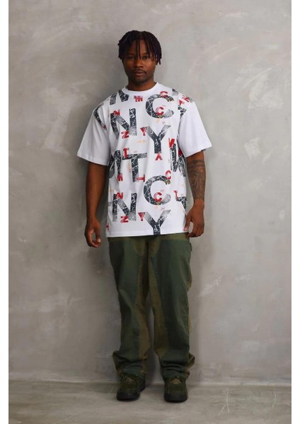 Unisex Baskılı Oversize T-Shirt - Beyaz indirimleri