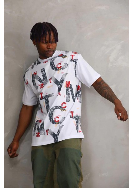 Unisex Baskılı Oversize T-Shirt - Beyaz