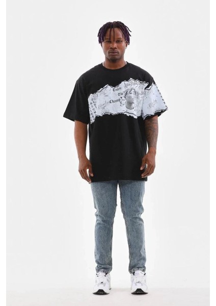 Unisex Bisiklet Yaka Baskılı Oversize T-Shirt - Siyah indirimleri