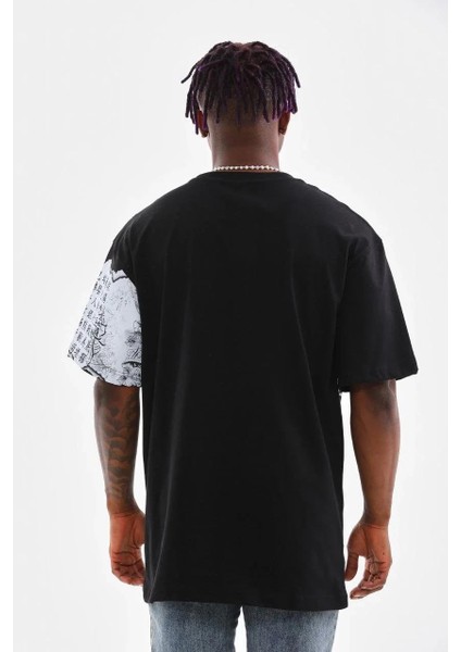 Unisex Bisiklet Yaka Baskılı Oversize T-Shirt - Siyah
