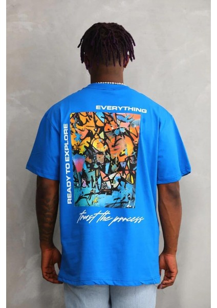 Unisex Bisiklet Yaka Baskılı Oversize T-Shirt - Mavi