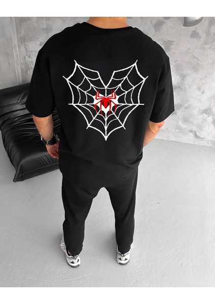 Unisex Bisiklet Yaka Baskılı Oversize T-Shirt - Siyah fiyatları