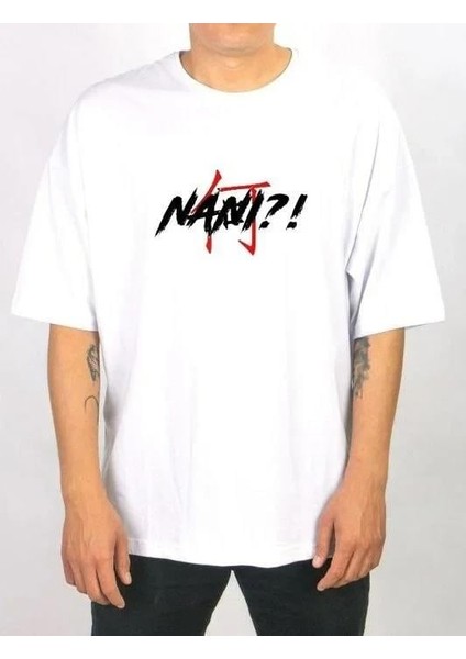 Unisex Bisiklet Yaka Baskılı Oversize T-Shirt - Beyaz