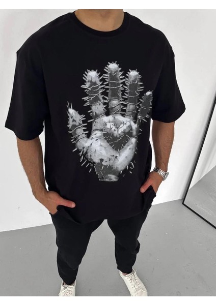 Unisex Bisiklet Yaka Baskılı Oversize T-Shirt - Siyah