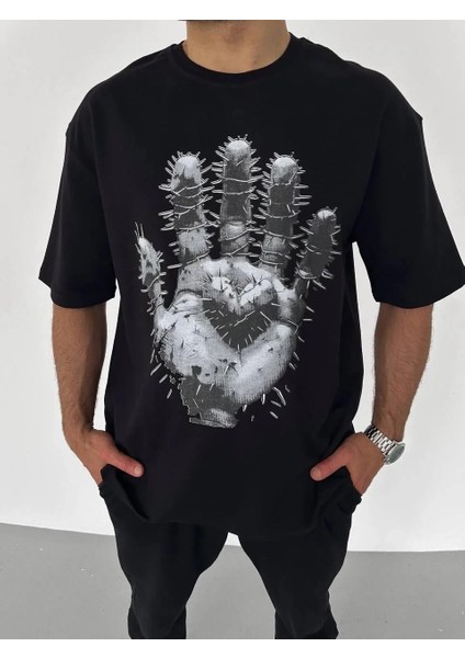 Unisex Bisiklet Yaka Baskılı Oversize T-Shirt - Siyah fiyatları