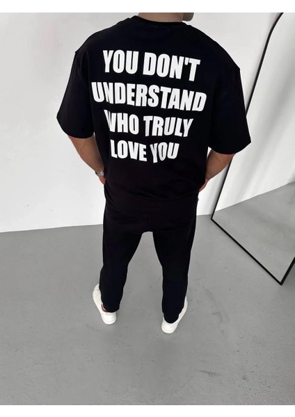 Unisex Bisiklet Yaka Baskılı Oversize T-Shirt - Siyah modelleri