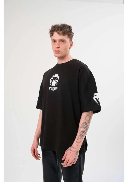 Unisex Bisiklet Yaka Baskılı Oversize T-Shirt - Siyah fiyatları