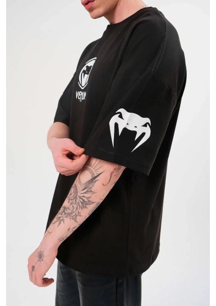 Unisex Bisiklet Yaka Baskılı Oversize T-Shirt - Siyah modelleri