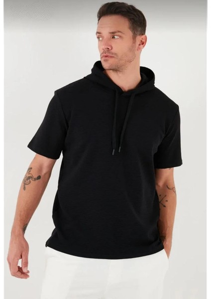 Unisex Kapşonlu Kısa Kol Düz Oversize T-Shirt - Siyah