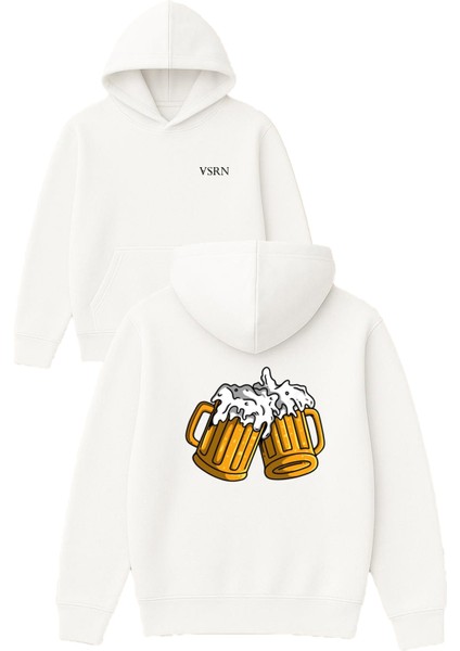 Beer Cheers Tasarım Baskılı Oversize Beyaz Kapüşonlu Sweatshirt