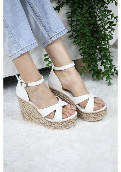 Kadın Çapraz Bantlı Dolgu Topuklu (11CM) Ayakkabı Rahat Yüksek Topuklu 700 Beyaz fiyatları