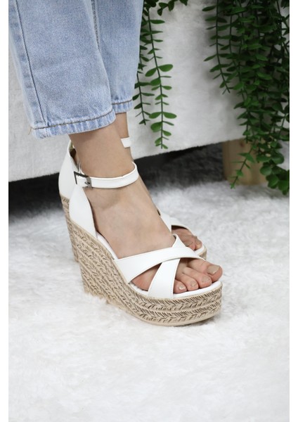 Kadın Çapraz Bantlı Dolgu Topuklu (11CM) Ayakkabı Rahat Yüksek Topuklu 700 Beyaz modelleri