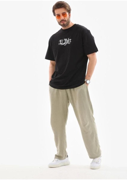 Unisex Bisiklet Yaka Baskılı Oversize T-Shirt - Siyah modelleri