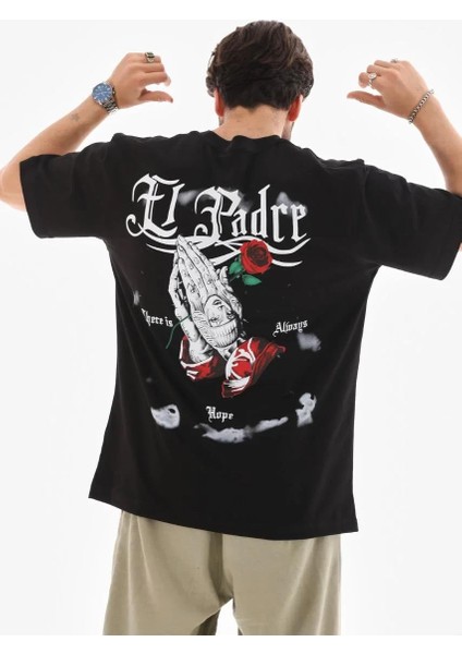 Unisex Bisiklet Yaka Baskılı Oversize T-Shirt - Siyah