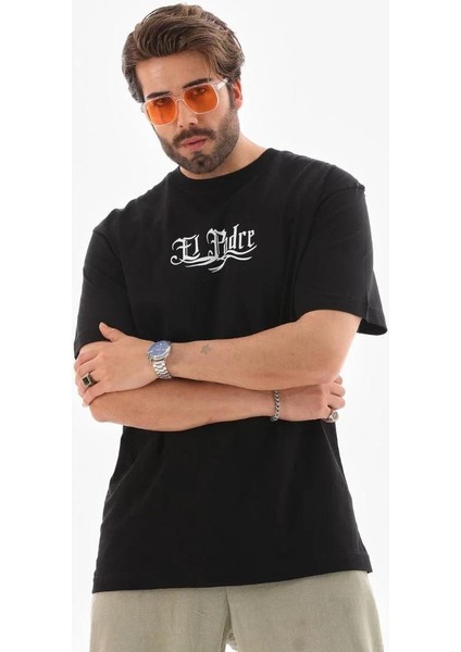 Unisex Bisiklet Yaka Baskılı Oversize T-Shirt - Siyah