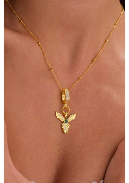 Zümrüt Taşlı Altın Kaplama Anka Kuşu 925 Ayar Gümüş Kolye