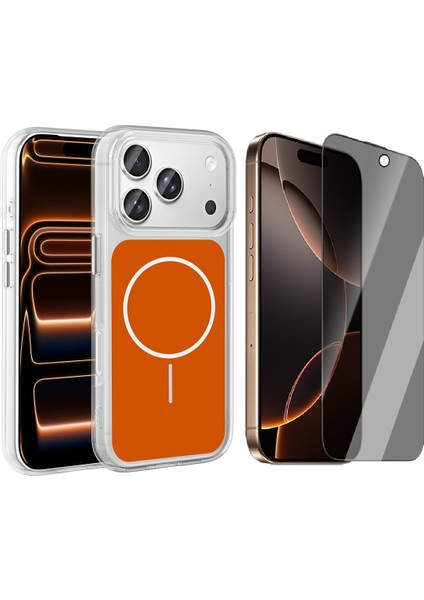 iPhone 17 Pro Max Kılıf M-Safe Şarj Özellikli Metal Buton Tasarımlı Zore İkonik Sert Silikon Kapak + Hayalet Ekran Koruyucu