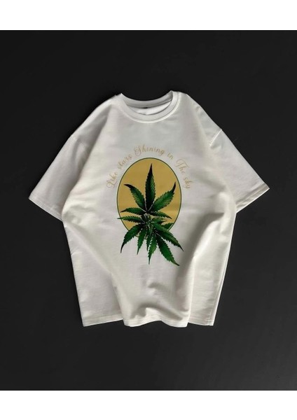 Ön ve Arka Baskılı Oversize Bisiklet Yaka T-Shirt- Beyaz